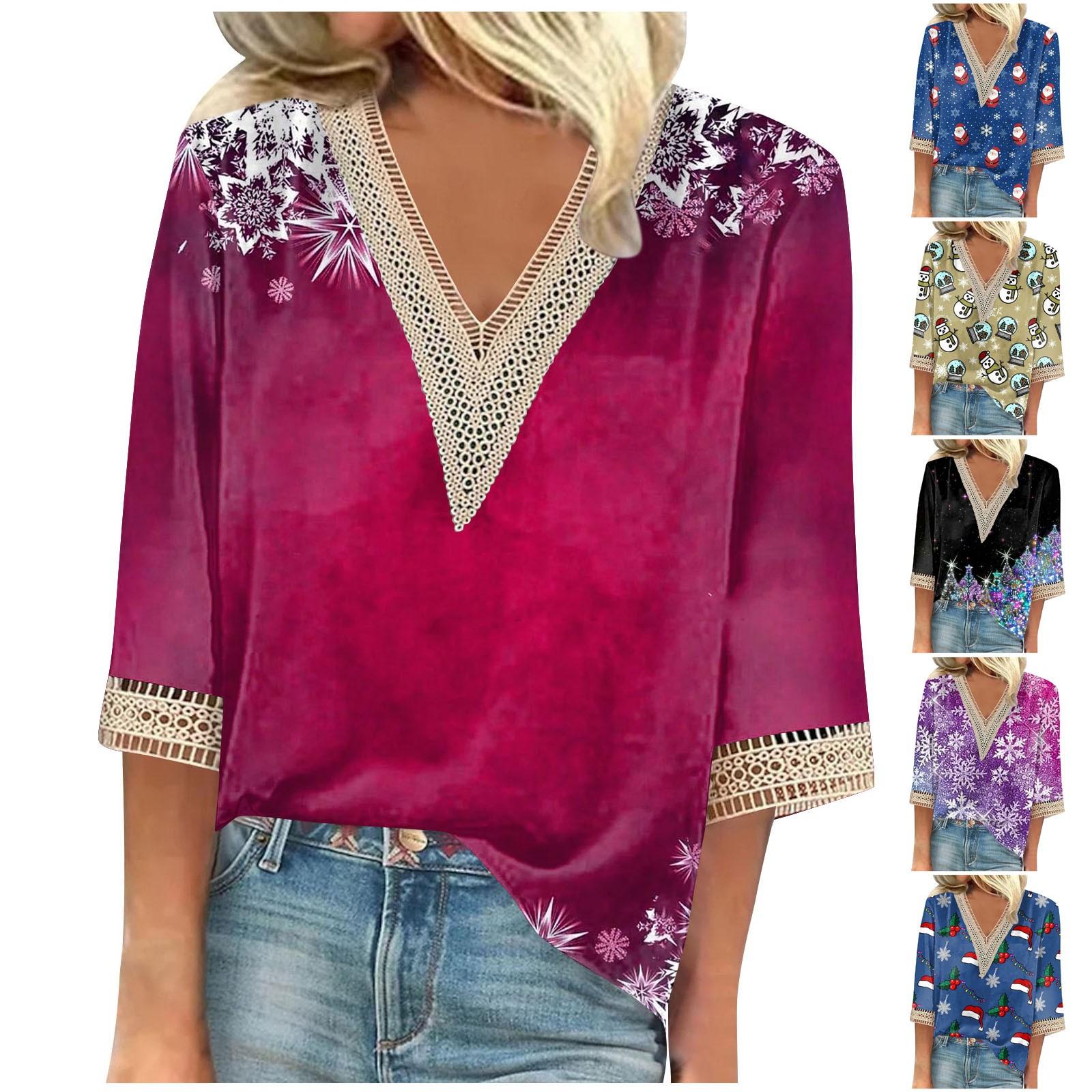 

Женский модный повседневный топ с v-образным вырезом и укороченными кружевными рукавами с рождественским принтом