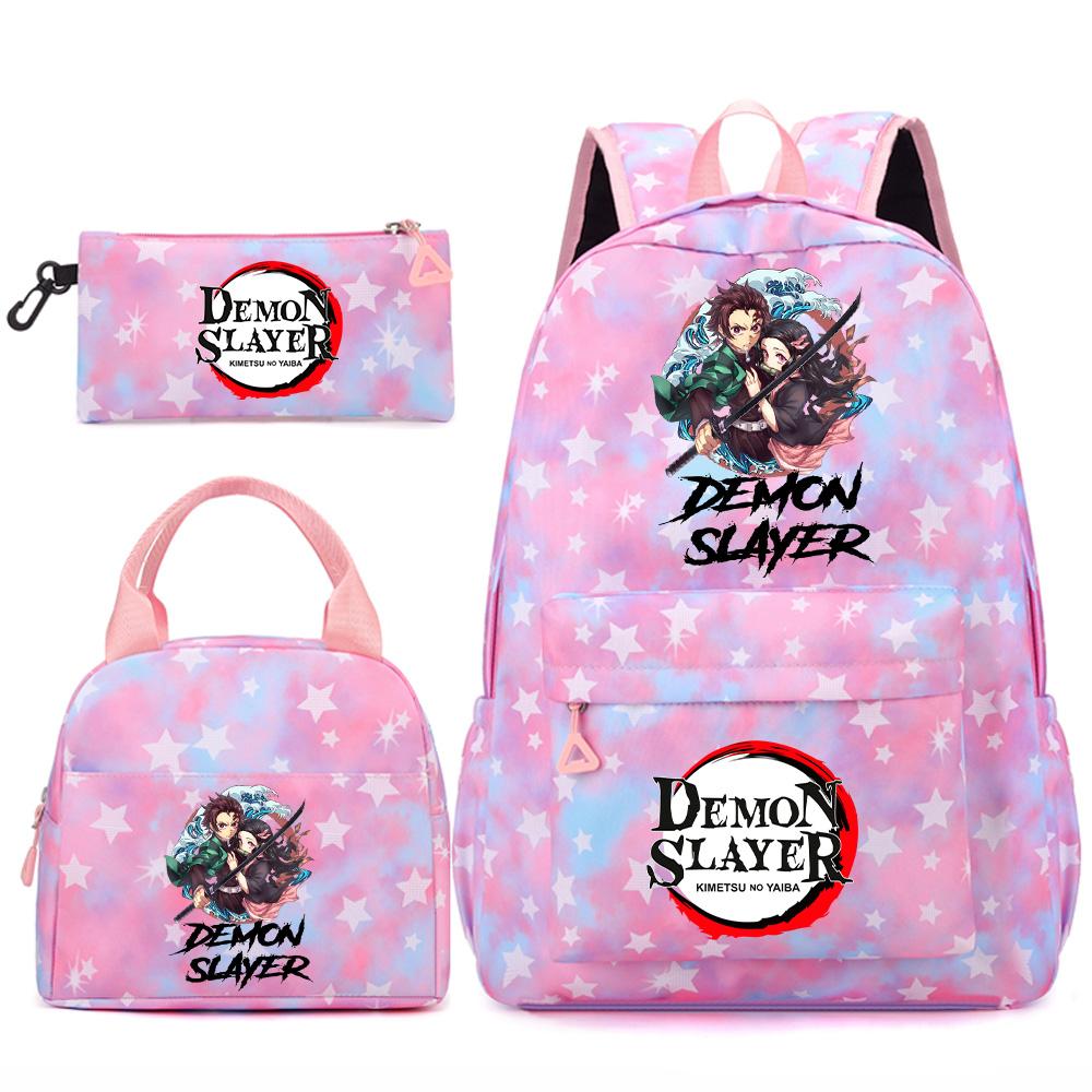 3 st/set Tecknad Demon Slayer Tryckt Ryggsäck Handväska Pennskrin för Tonåring Student Flicka Pojke Skolväska Stor Kapacitet Vattentät Resväska Gåva