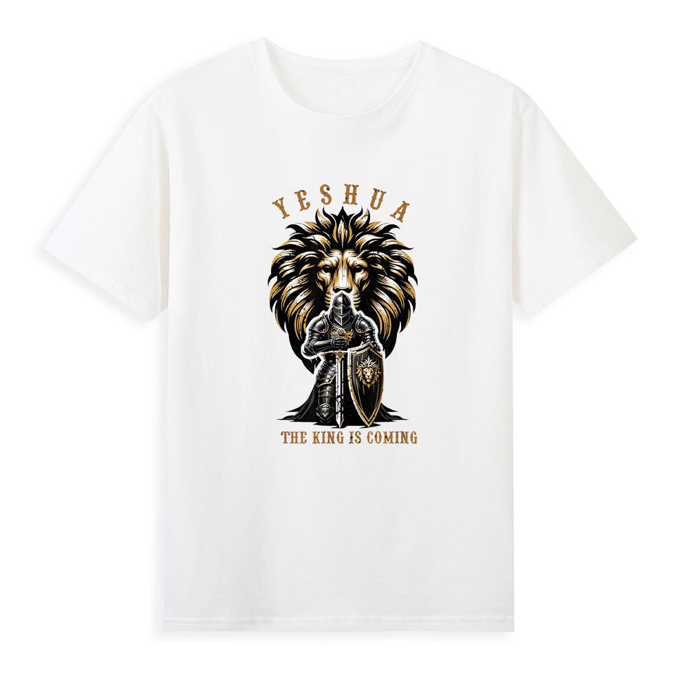 Yeshua The King Is Coming Lion With Warrior Jesus Christian Unisexs White TShirt S