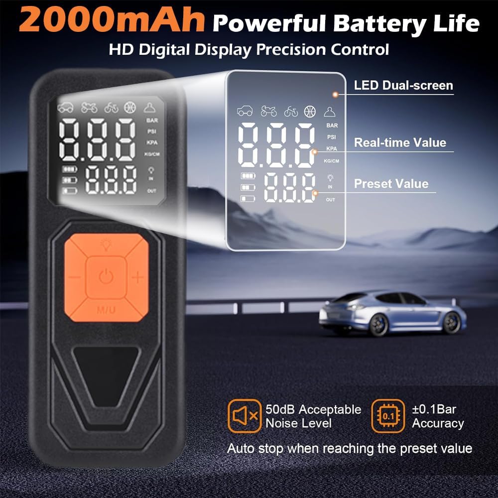 

Digital Tire Inflator Air Compressor, 150PSI Portable Electric Air Pump with LED Display, Smart Dual Hose System for Car, Motorcycle, Bicycle Tires,