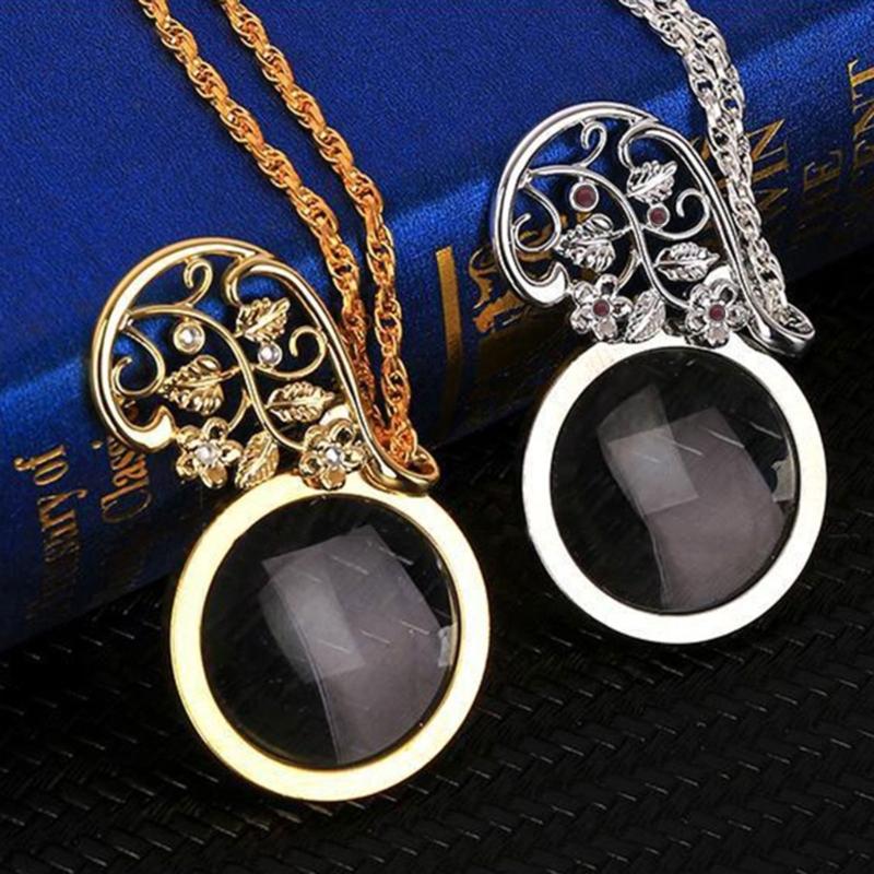 Necklace Jewelry Optical Magnifier with Chain Necklace Neckglasses Portable Monocle for Reading Collecting Library Gift
