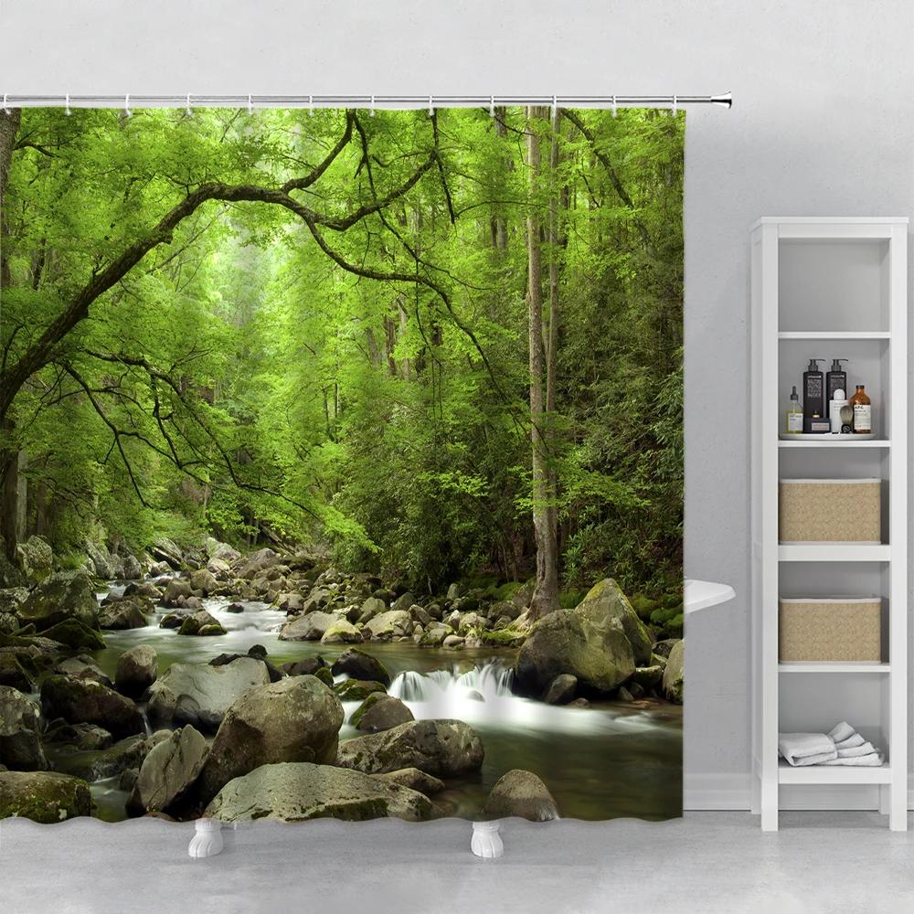 Forest Landscape Shower Curtain Sunshine Waterfall Green Bamboo Mist Jungle Autumn Scenery Bathroom Curtains Bathtub Decor Hooks
