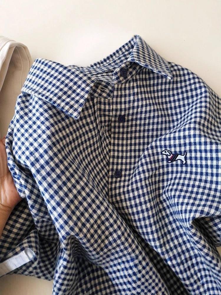Damen Langarmshirt mit Karomuster-Stickerei, kleiner Hund, Slim Fit - Frühling/Herbst, Koreanischer Stil, Sonnenschutz