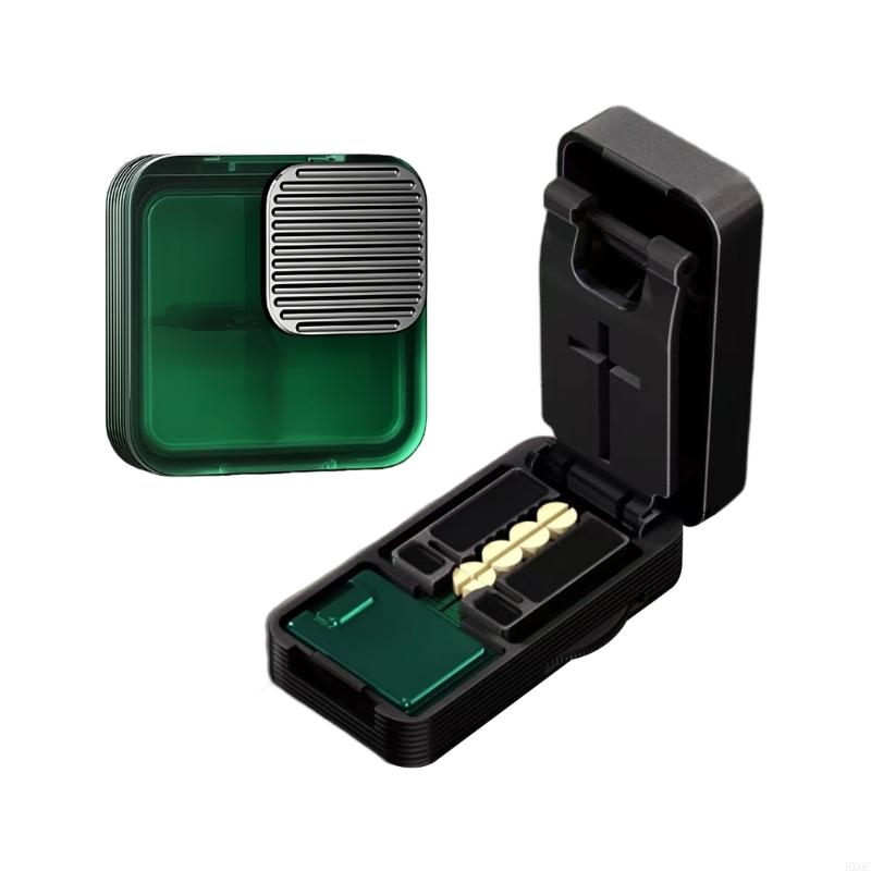 Multi Compartment Travel Pills Organiser with 4 Storage Zones Pills Cutting Tool Moisture Resistant Tablet Divider HX6C