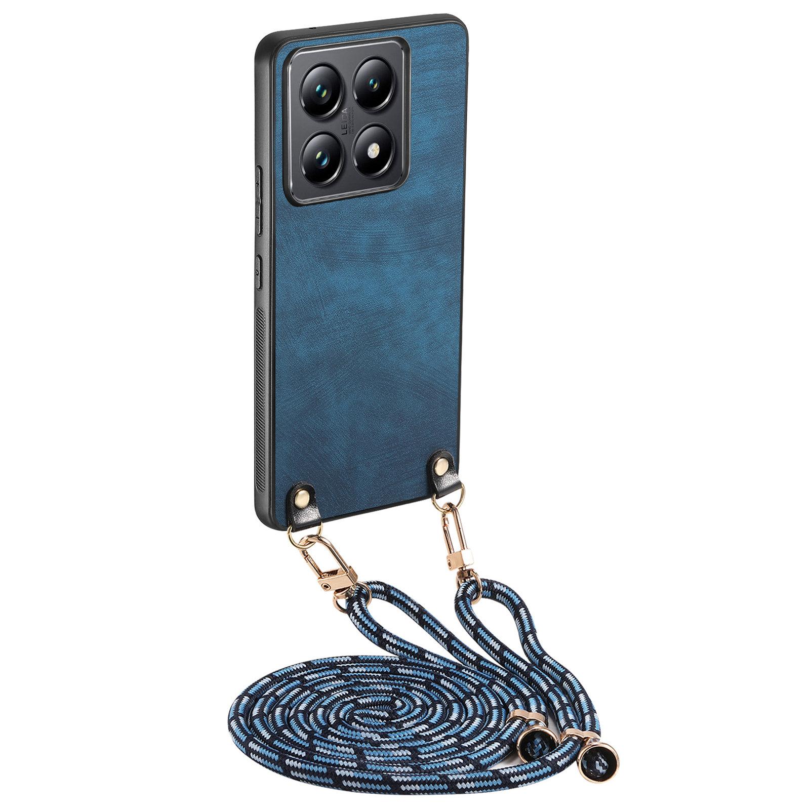 

Чехол-накладка из ретро-кожи для телефона Xiaomi 14T с регулируемым ремешком Blue