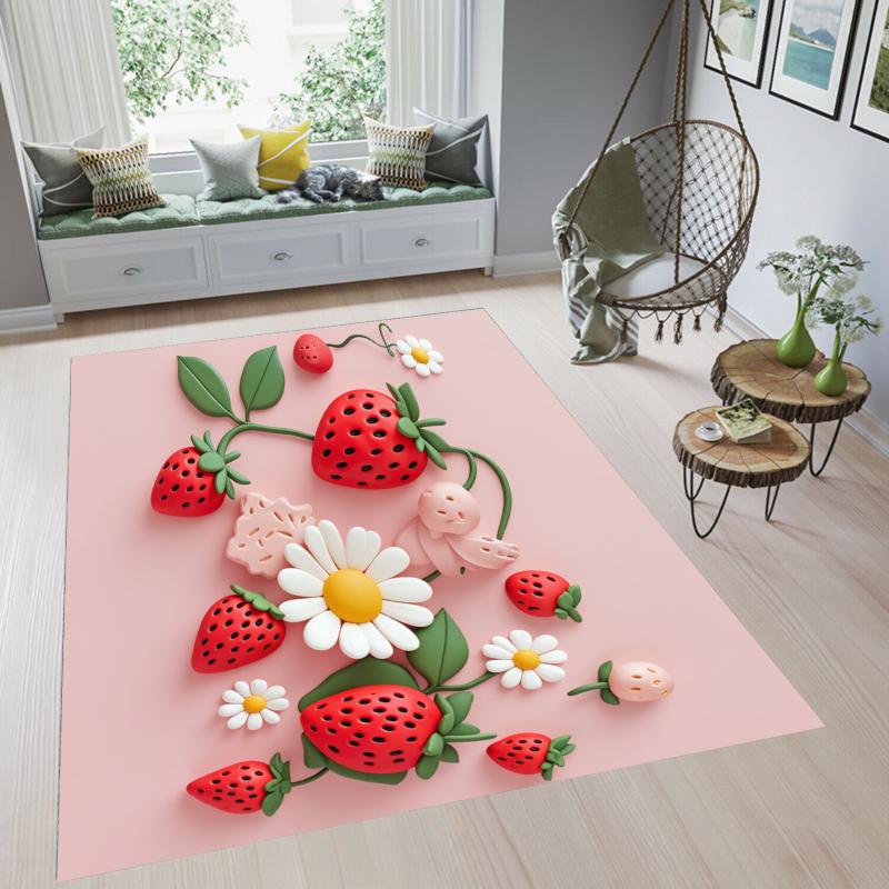 3D Strawberry Daisy Rug Pink Sweet Girl Bedroom Rug Entryway Doormat Non Slip Soft Easy Clean Durable Kawaii Home Decor Carpet