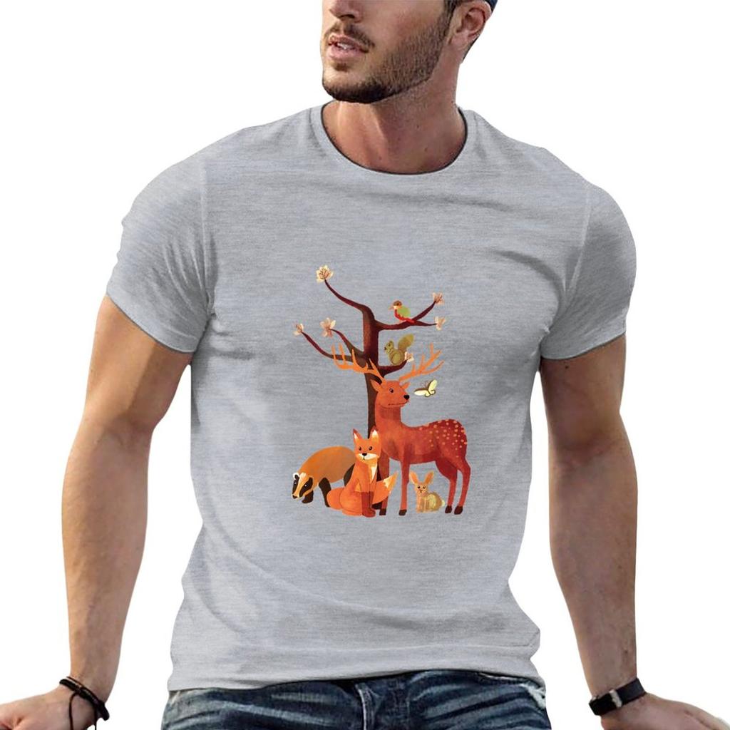 Woodland Animals Deer Fox Rabbit Squirrel Watercolor Vintage TShirt Oversized T Shirt Mens Clothing