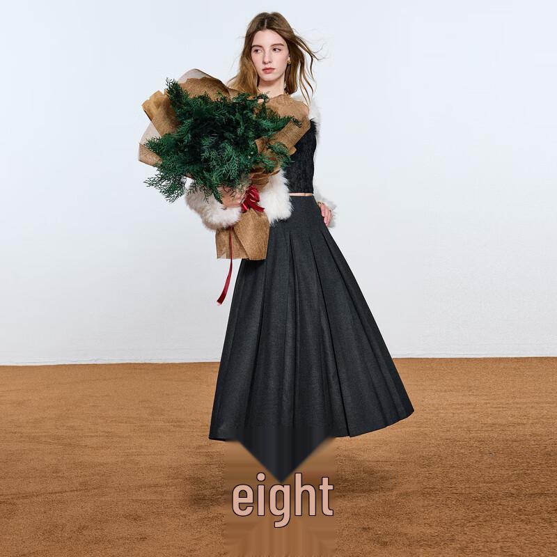 Sancai 2025 Winter Grey Series Pleated A-Line Long Skirt M