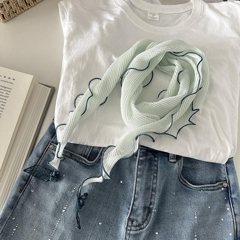 

WTEMPO Женский однотонный тонкий плиссированный маленький шарф прямой ромбовидный шарф 130*16cm мятный зеленый