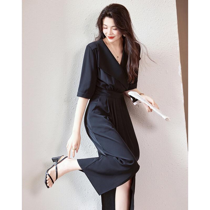 Demana Black Swan Dance Summer Lapel Waist-Cinching Midi Dress