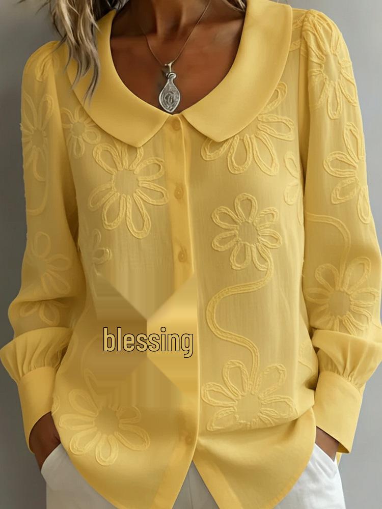 Frühjahr/Sommer 2026 Hemd mit Puppenkragen, langen Ärmeln, Stickerei und Jacquard