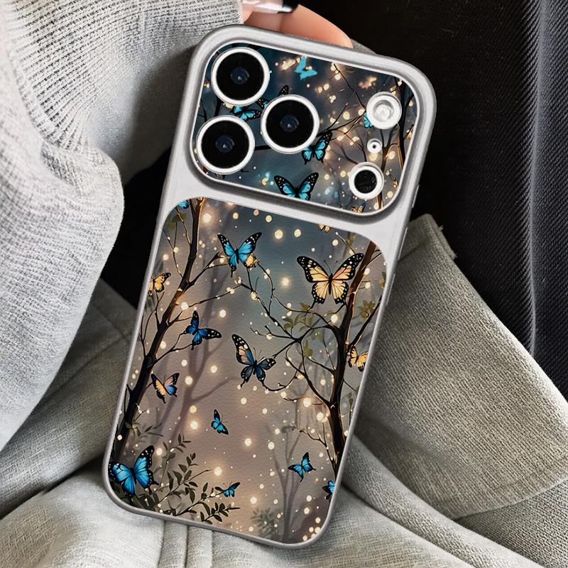 Glowing Tree Butterfly Leather Lanyard Case For iPhone 18 Pro Max Hybrid TPU+PU Anti-skid Soft Cover For iPhone 17 16 15 14 13 Pro Max