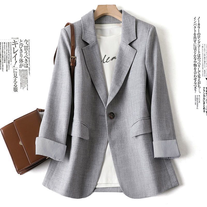 Damen Einzelknopf Gestreifte Manschette Langarm Blazer Unifarbener Schlanker Sitz Lässiger Büro Anzug Jacke Große Größen