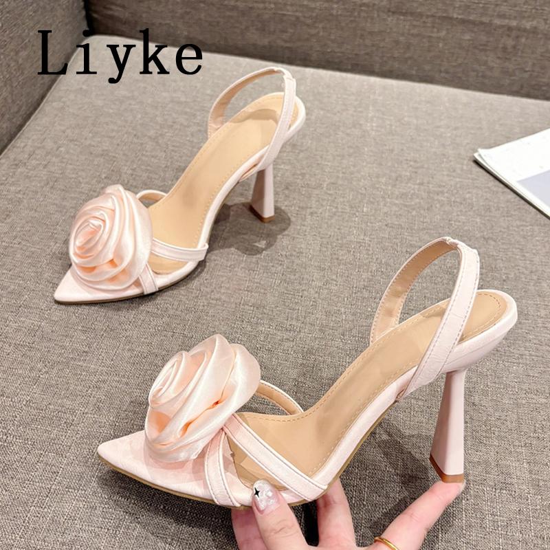 Fashion Liyke Sexy Slingback Sandals Women Summer Fashion Rose Flowers Pointed Open Toe Back Strap High Heels Party Dress Shoes Size 41