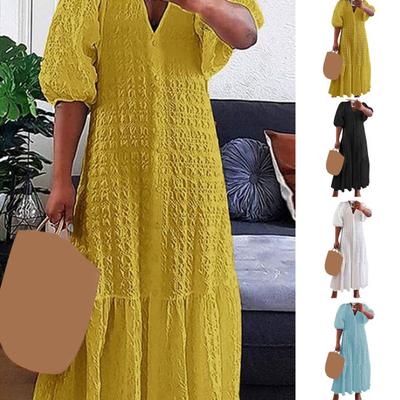 Women Summer Dress V Neck Half Sleeves Solid Color Loose A-line Patchwork Ruffle Ankle Length Single-breasted Plus Size Beach Maxi Dress