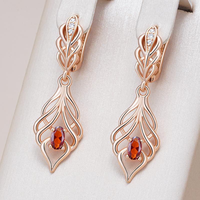 Trendige Lange Hängende Ohrringe Für Damen Mode Roségold Farbe Roter Natürlicher Zirkon Accessoires Täglicher Feinschmuck