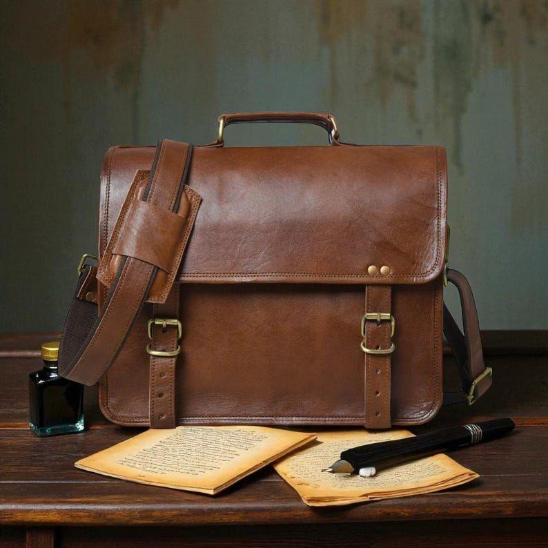 

Handmade Leather Messenger Bag – Unisex Cross body Satchel with Laptop Compartment & Adjustable Strap | Small Goat Leather Shoulder Bag 15 x 11 x 4 in