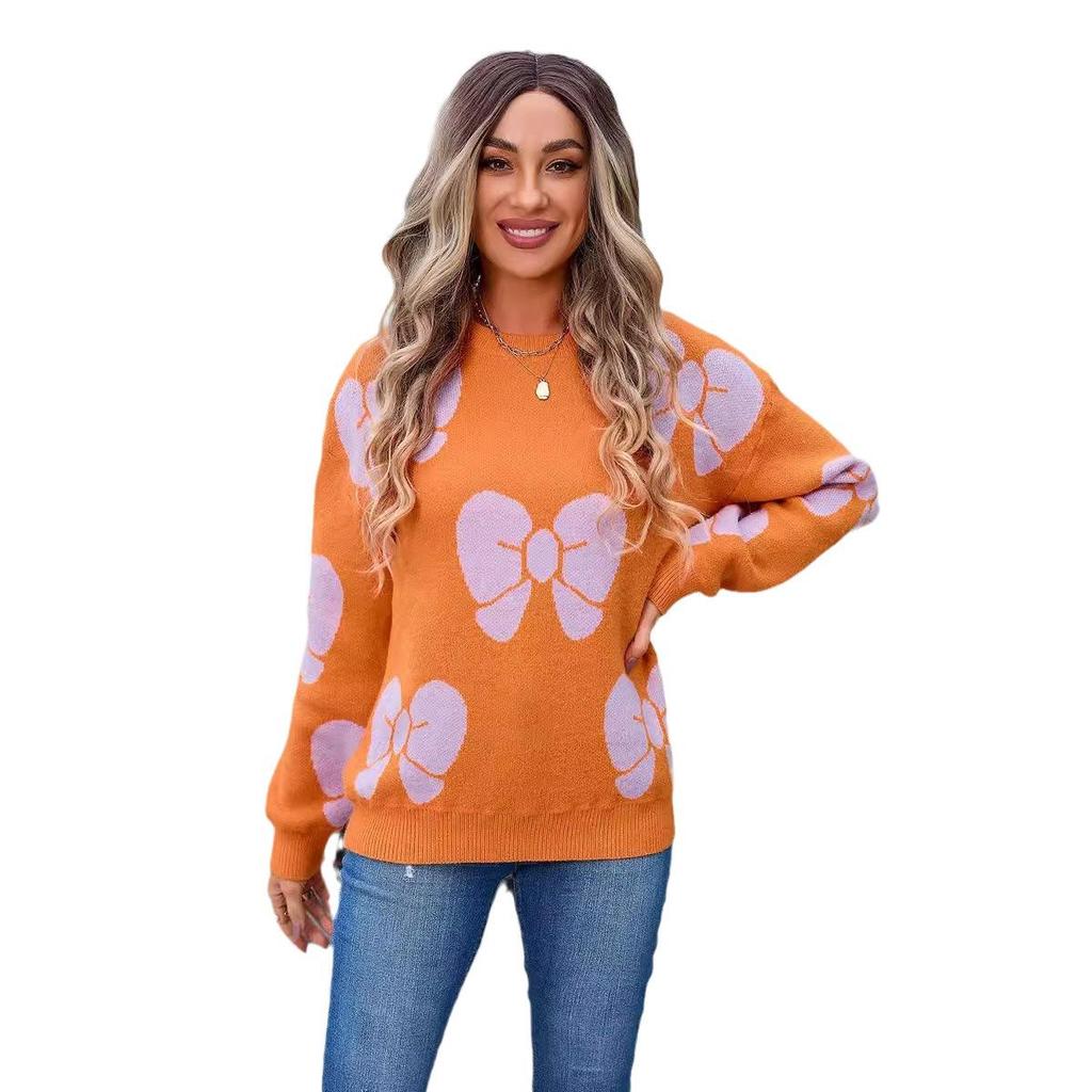 2026 Spring Women's Plus Size Bowknot Loose Sweater Pullover Knitwear