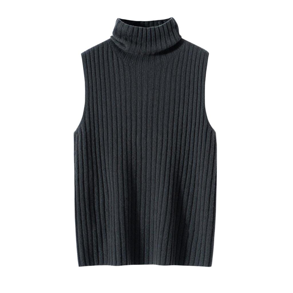 Women's 100% Pure Cashmere Striped Sleeveless Slim-Fit Turtleneck Vest