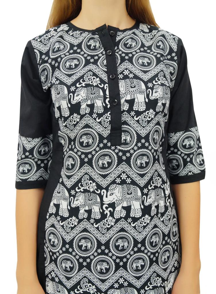Phagun Women's Designer Straight Black Kurta 3 4 Sleeve Printed Casual