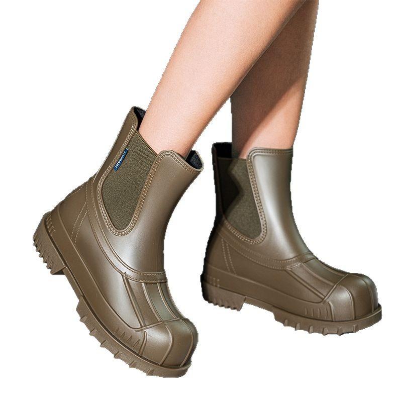 Women's fashion outer wear waterproof Martin boots medium and short tube fashion rain boots shell head thick sole elastic woven rubber shoes