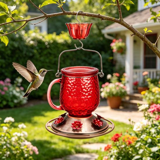 Hummingbird Feeder 16 Oz Hanging Bird Feeder with Ant Moat 6 Bee-Proof Feeding Ports 360-Degree Perch Outdoor Hummingbird Feeder for Garden Backyard