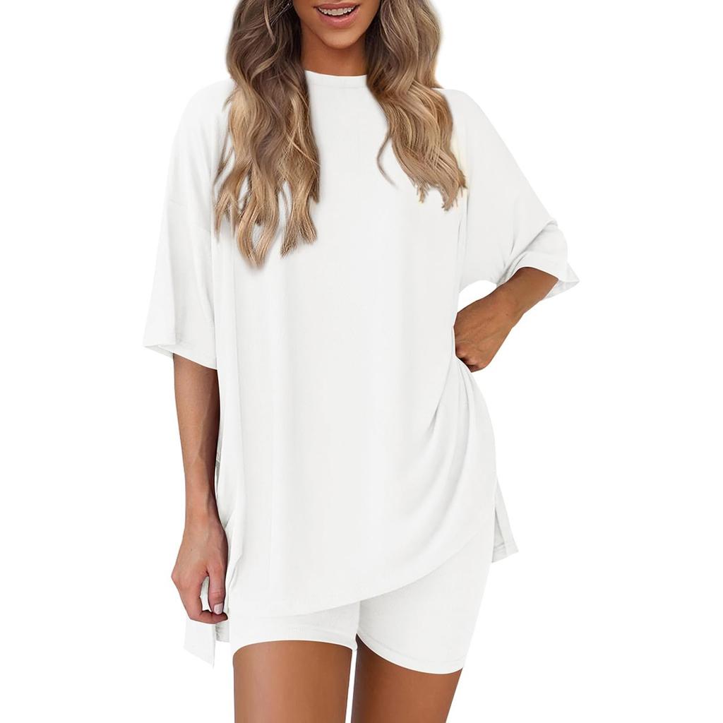 Women's Loose Fashion Solid Color Split Round Neck Short Sleeve Top Small Pocket Shorts Two Piece Set