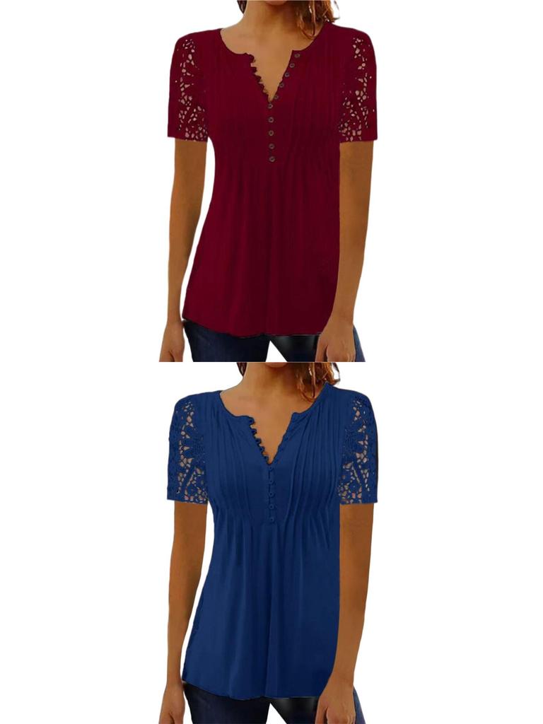 Lace Trim Pleated Solid Color Button Short Sleeve Women's T-Shirt