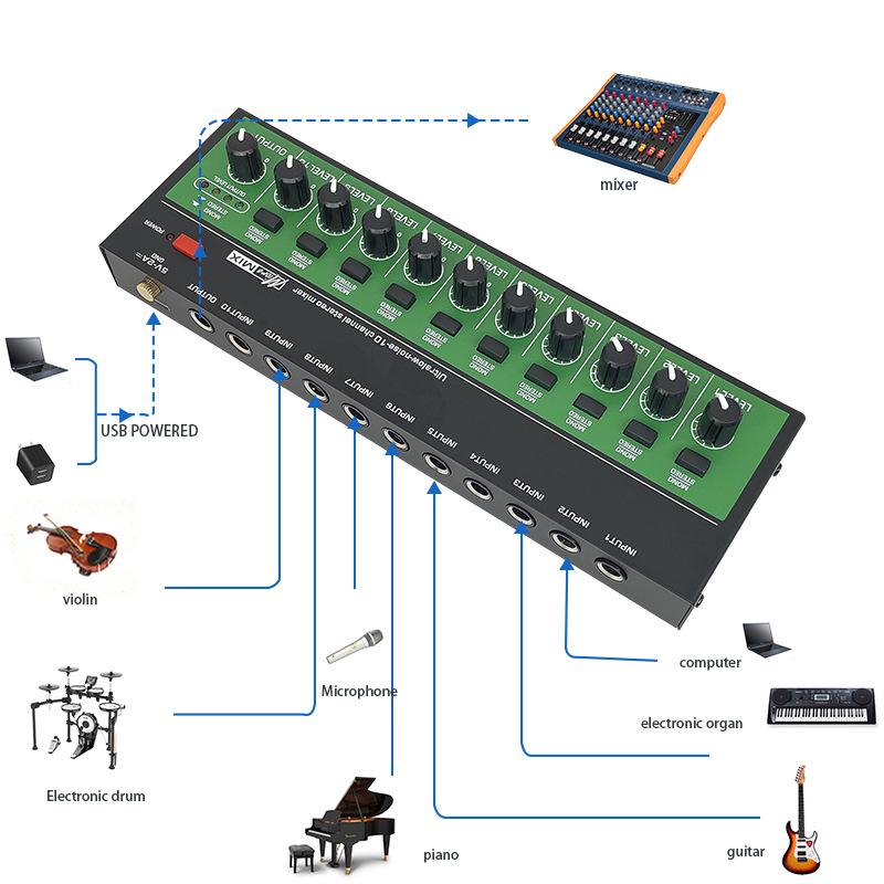 10-Channel Audio Mixer for Musical Instruments and Guitar Amplifier