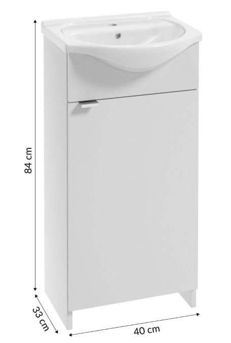 Badezimmerschrank mit einem 40 cm Waschbecken, freistehend, weiß, mit einem Siphon und einer Chromarmatur, Kredo