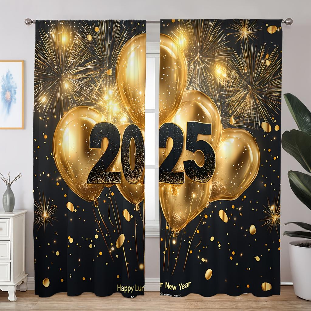 2pcs Classic Happy New Year Fireworks Balloon Clock Digital Floral Printed Curtains for Living Room Bedroom Study Dining Room