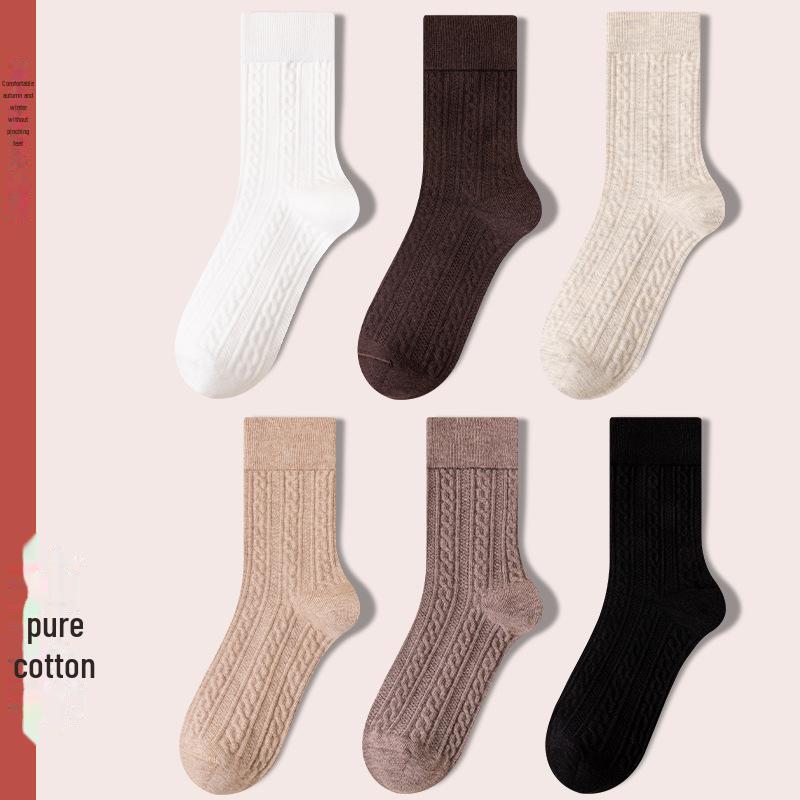 Women's Retro Twist Pure Cotton Mid-Tube Socks - Antibacterial, Deodorant, Autumn/Winter, White Long Socks.