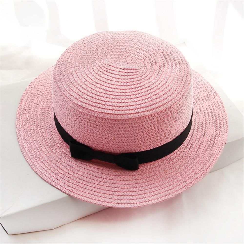 For Women Girls Flat Brim Bowknot Breathable Sun Hat Beach Hat Panama Straw Cap