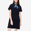 Fila Solid Color Logo Waist-Defined A-Line Loose Versatile Woven Short Sleeve Dress Women Dresses Black F11W238302F-BK