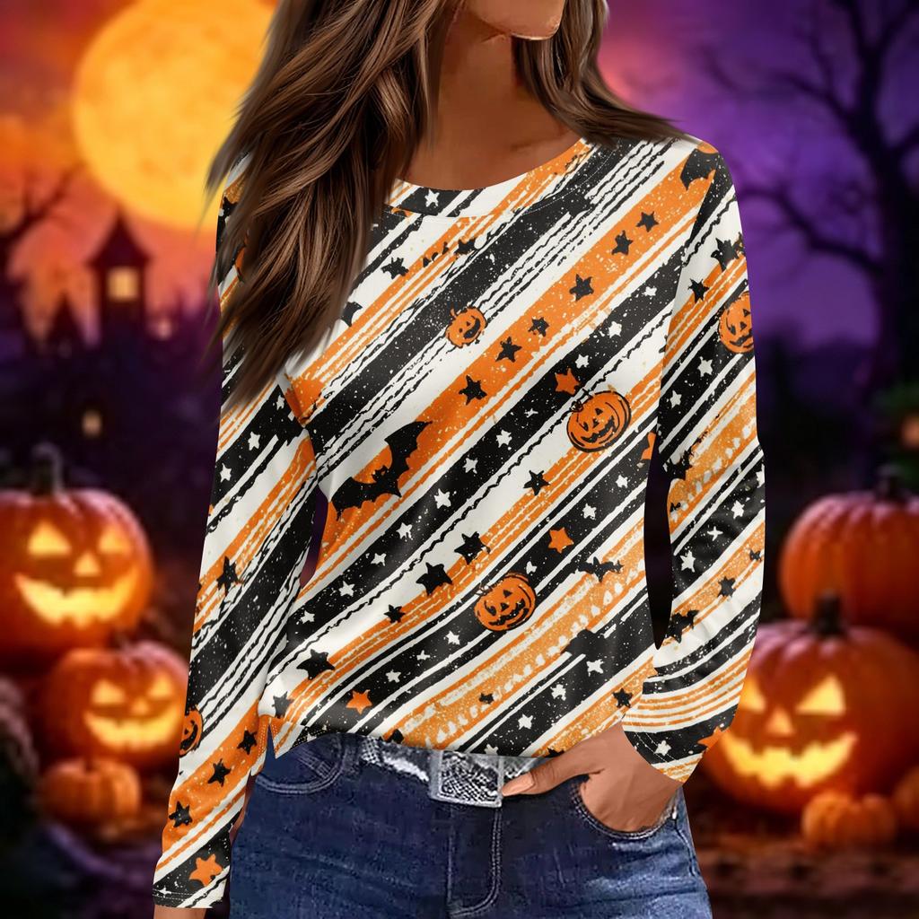 Women's Long Sleeve Halloween Print Top Split Hem Round Neck Casual Pullover Shirt with Festive Graphic Design for Seasonal Wear