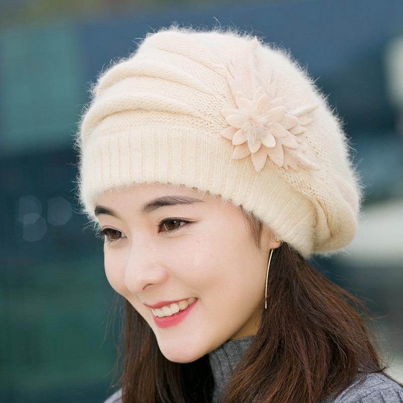 

Модные женские шапки осень-зима креативная вязаная крючком цветочная шапка теплая французская шапка-берет для женщин популярная для холодной погоды One Size бежевый