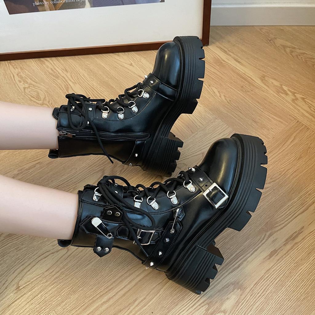 Punk Style Biker Boots Female Rivets Belt Buckle Front Lace-up Thick Heel Short Sexy Boots Fashionable and Comfortable