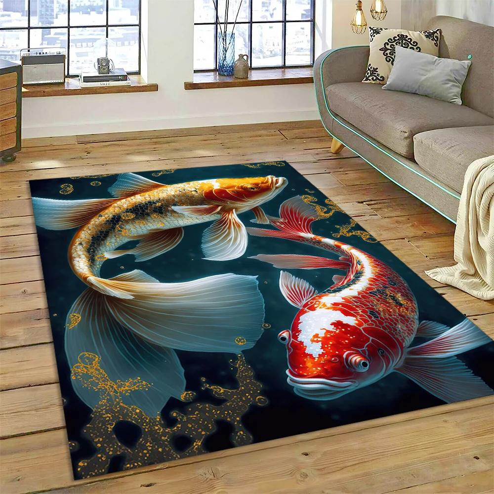 שטיח מצויר דגי קוי יין יאנג טבעיים לבית, לסלון, לחדר השינה, לספה, שטיחון כניסה, קישוט, שטיח אזור לילדים, מחצלת מונעת החלקה