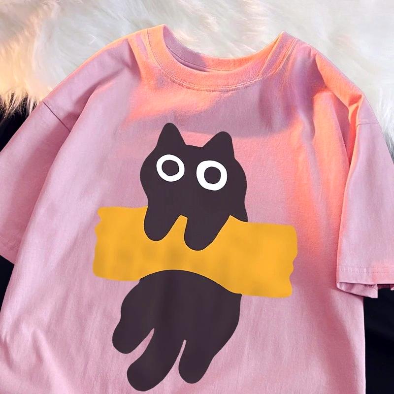 Cat Print Short Sleeve Tshirts for Women cartoon Tshirts Round Neck Japanese Style soft streetwear casual summer Tshirts