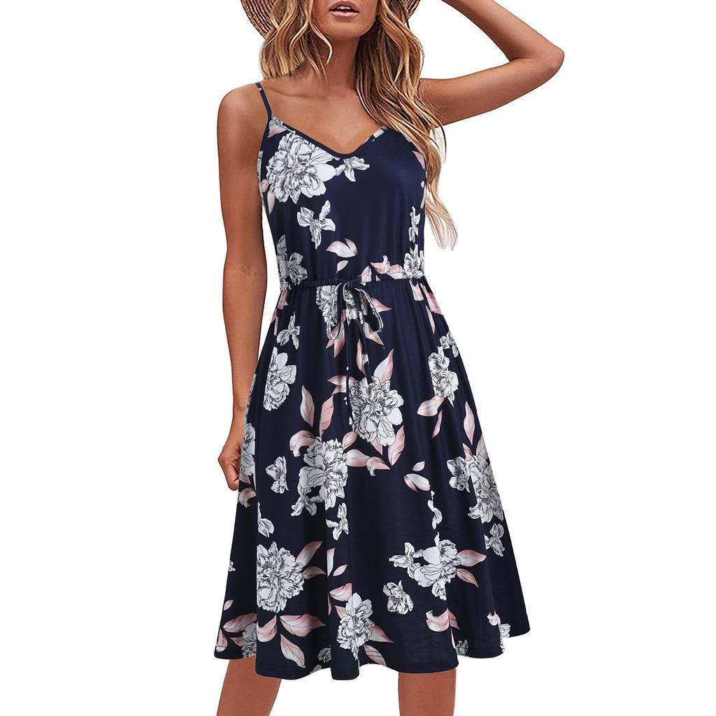 Ladies Casual Summer Cotton Sleeveless Spaghetti Strap Adjustable Waist Sundress