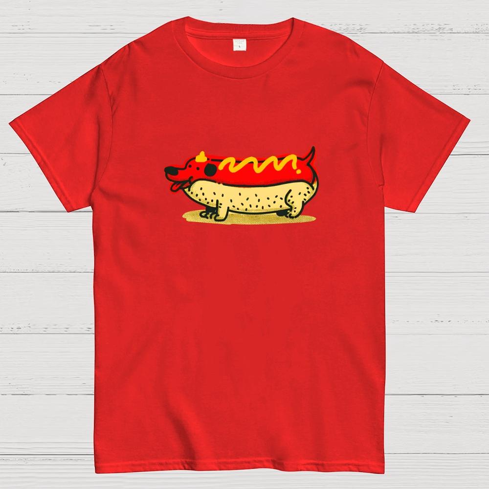 Funny Hot Dog Dachshund Cartoon Retro Cotton Summer Casual Cool Loose T-Shirt