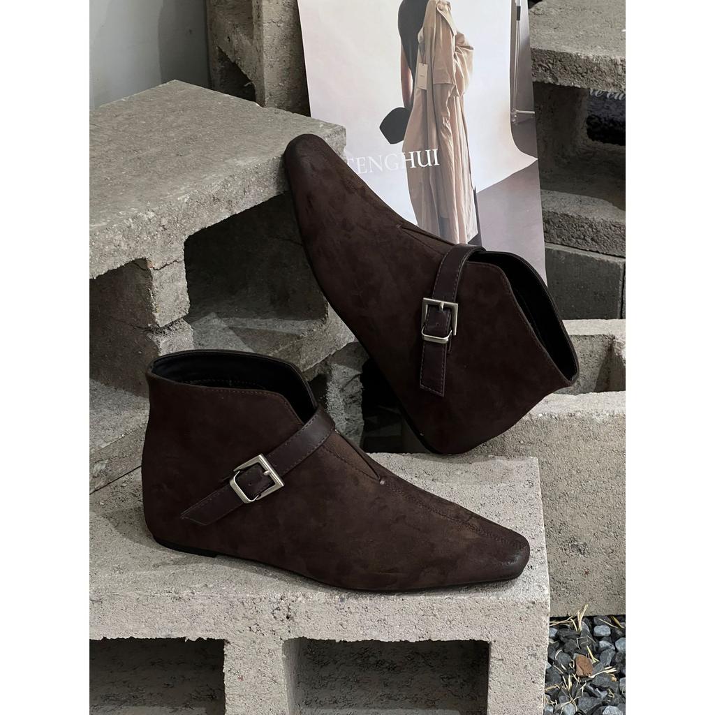 Inner height increase cm pointed short boots women's autumn new suede belt buckle fashion thick sole and ankle boots women