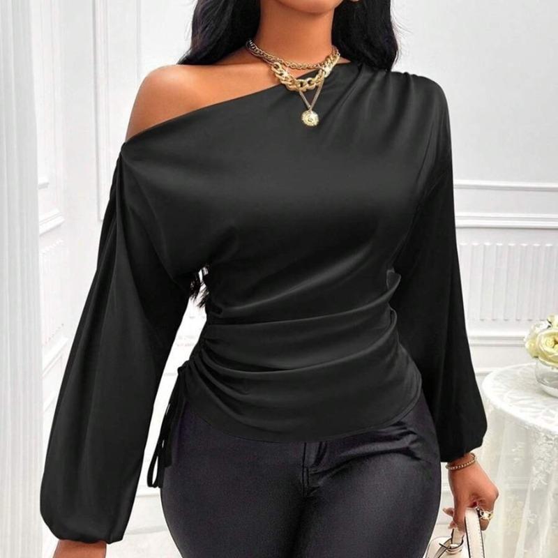 Fashion Elegant Skew Collar Loose Women's Shirts Spring and Summer Long Sleeve Lady Casual Blouses Tops Simple Asymmetric Shirt Female Clothing 26400