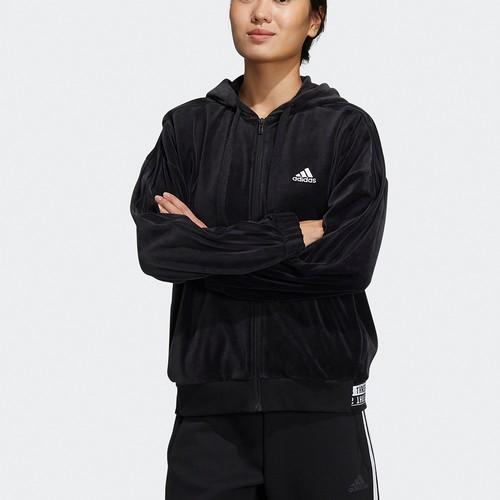 adidas Velour Jkt Long-Sleeve Hooded Zip-Up Jacket Plush Coat Women's Black