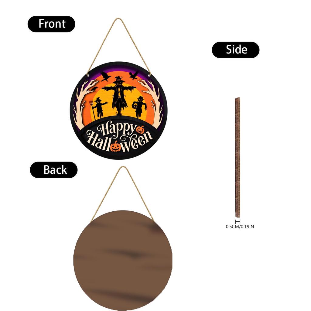 Halloween Wooden Hanging Plaque Round Wall Sign Scarecrow Print Holiday Party Celebration Indoor Outdoor Decoration