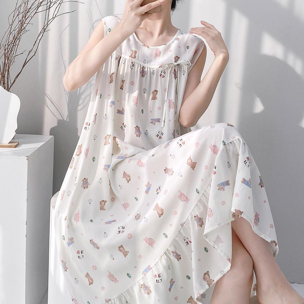 Korean version of small fresh cotton and silk nightgown women's summer lotus leaf edge can be worn outside cotton and silk loungewear sweet vest skirt