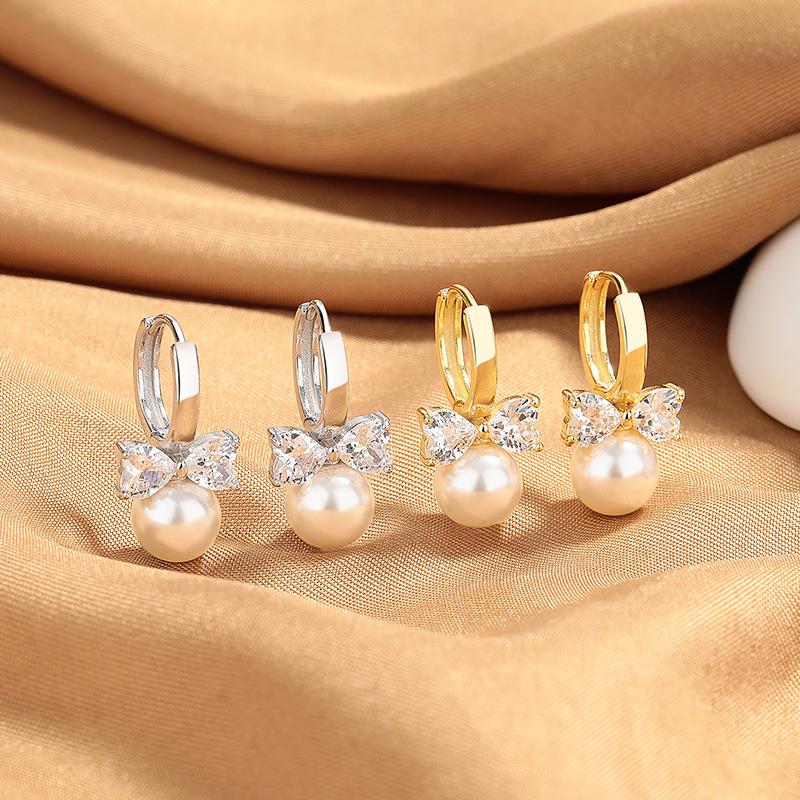 Bow Zircon Ear Buckle Tide High-End Temperament Bead Earrings Tide Design Stud Earrings