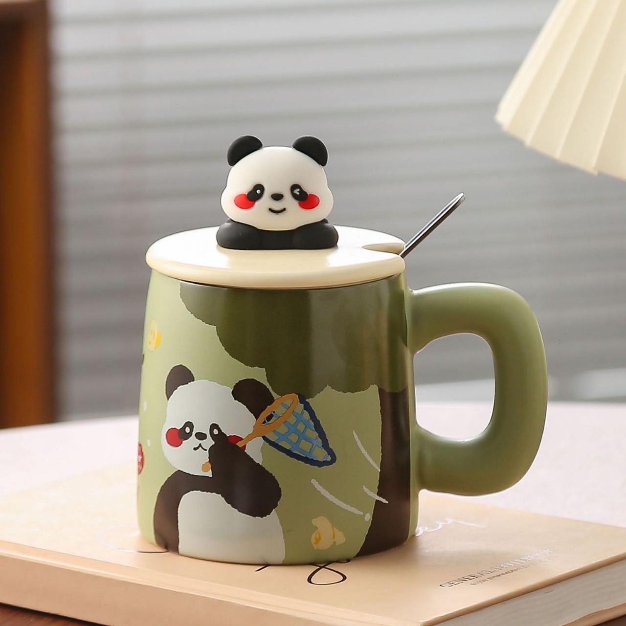 Kreative handbemalte Panda-Keramiktassen  Niedliche Retro-Becher  Hohes Erscheinungsbild  Paartassen mit DECKELN  Haushaltstrinkbecher 400ml