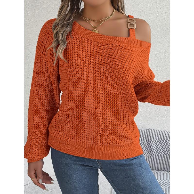 VEZFAA Women's Fashion Casual Fall Winter Solid Color Print Long Sleeve Oblique Collar Sweaters