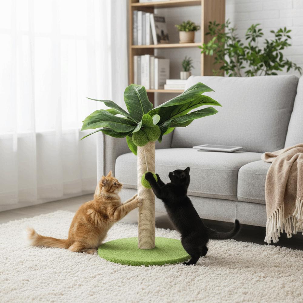 Sisal Rope Cat Scratching Post Wooden Track Ball Green Leaves Scratch Post Durable Design Hanging Balls Interactive Toys